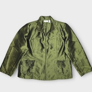 Chico's Olive Green Shimmer‎ Zip Front Jacket with Pockets Women's Size 3 16/18